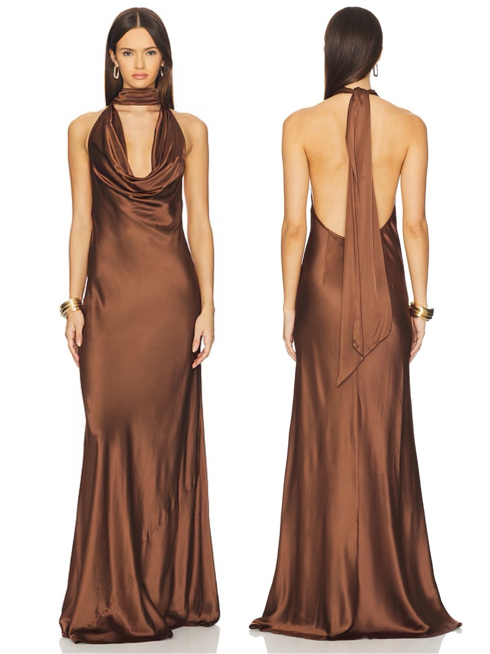 NEW NWT Stone Cold Fox X REVOLVE Amelia Halter Maxi Gown In Espresso Brown